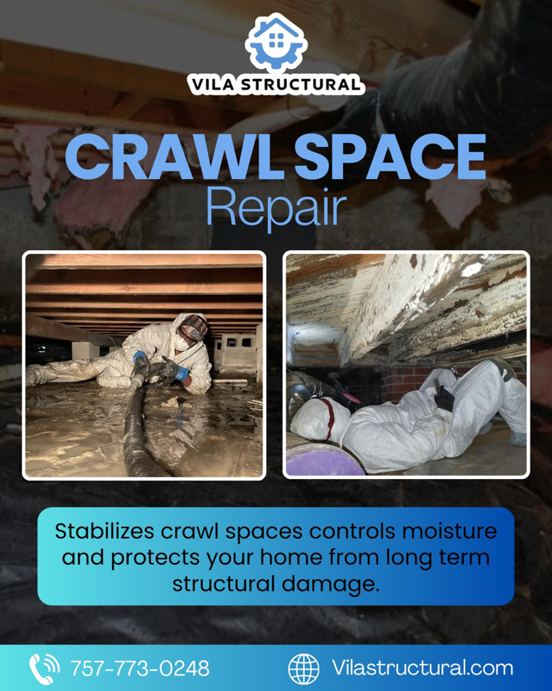 Workers in protective suits performing crawl space repair and encapsulation for Vila Structural in Virginia Beach, VA.
