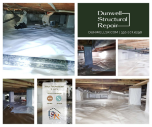 Multiple views of a completed crawlspace encapsulation and waterproofing project by Dunwell Structural Repair in High Point, NC.