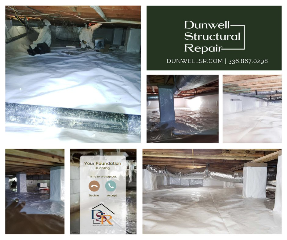 Multiple views of a completed crawlspace encapsulation and waterproofing project by Dunwell Structural Repair in High Point, NC.
