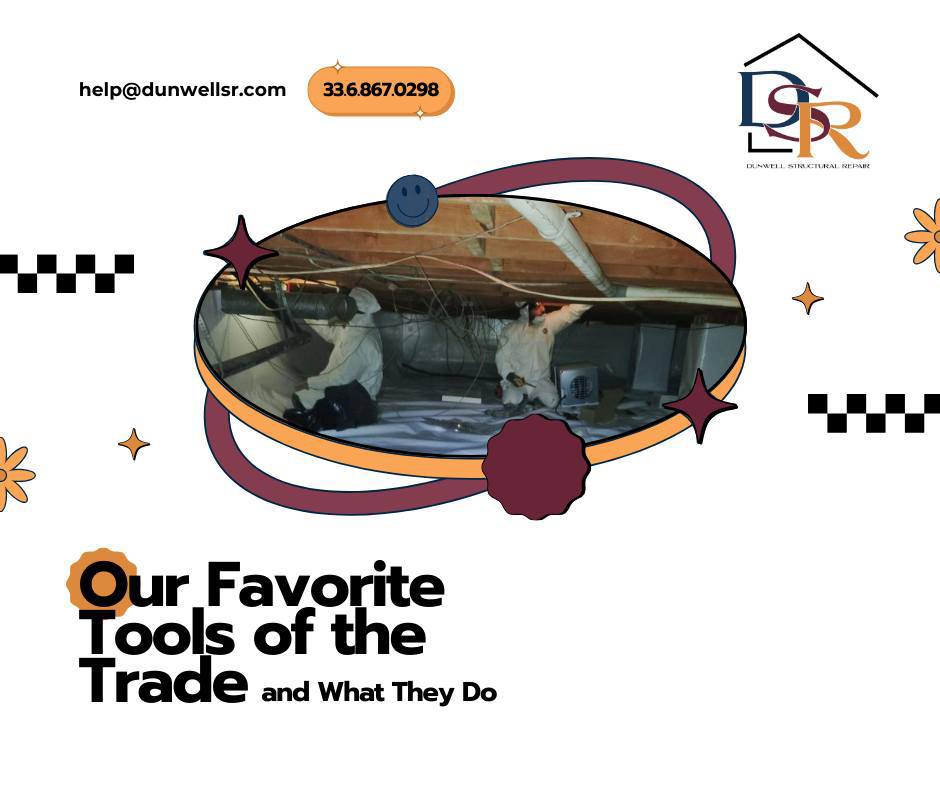 Two handymen from Dunwell Structural Repair installing a crawlspace waterproofing liner in High Point, NC.