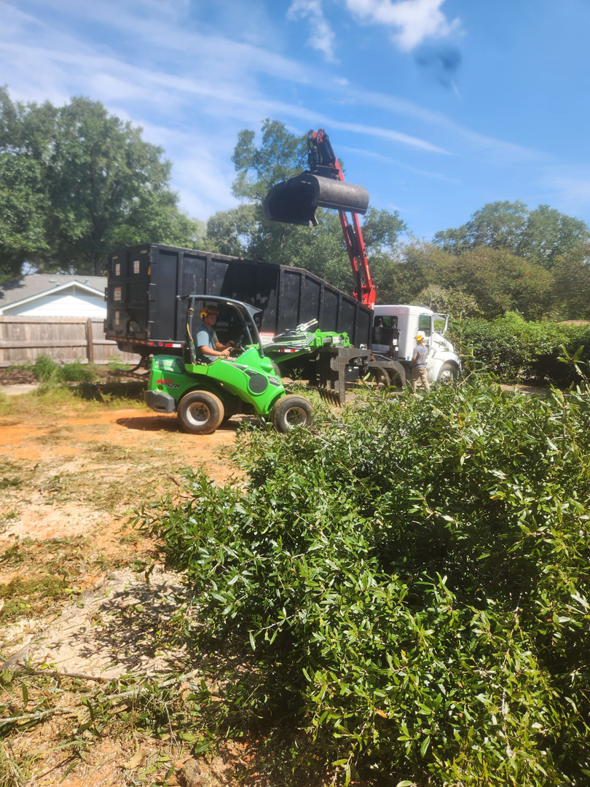 A tree service crew clearing brush and loading debris into a dumpster with heavy equipment for Tree Worx in Darlington, PA.