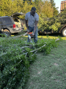 A crew member from Zulu's Lawn & Tree service cutting fallen branches with a chainsaw in Lawton, OK.
