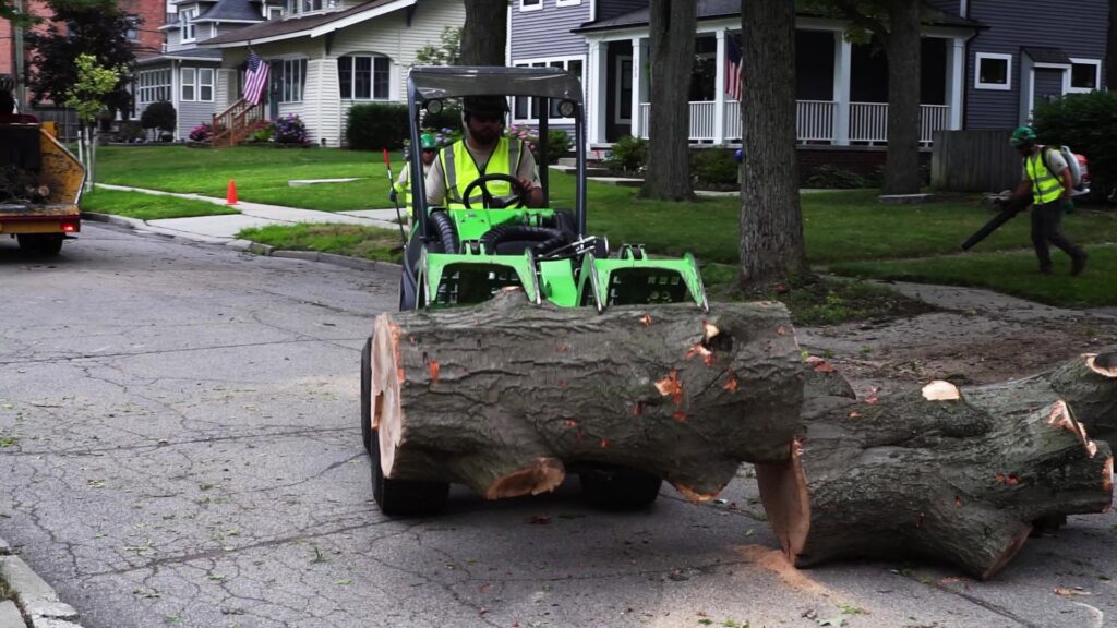 Longtree Tree Service crew moving a large tree trunk section with heavy equipment in Southfield, MI.