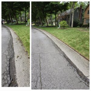 Before and after images showing a curb cleaned of yard debris by Canter Tree & Stump Solutions in Indianapolis, IN.