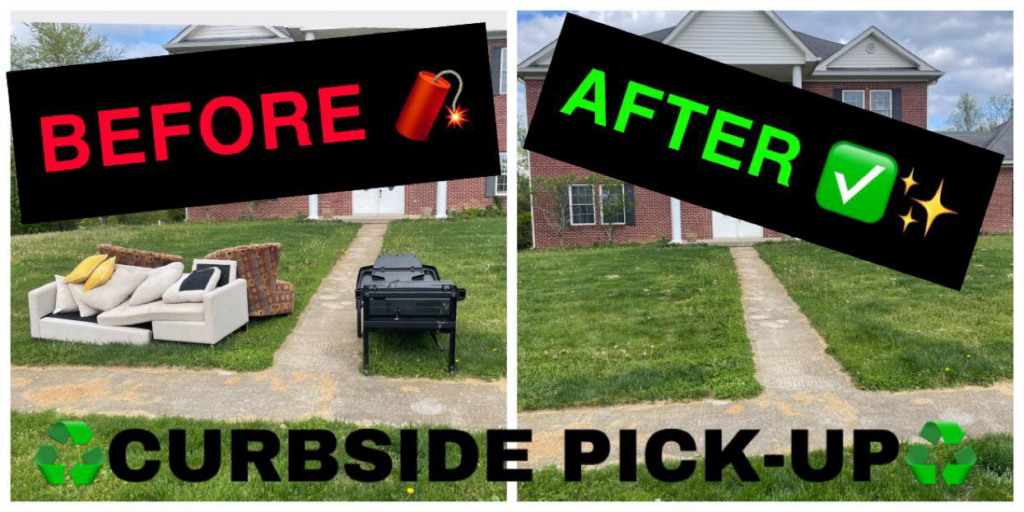 Before and after of a curbside junk removal service by Junkzilla in Indianapolis, IN, showing a couch and grill removed.