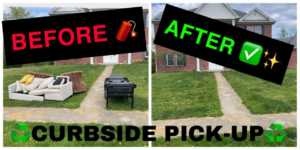 Before and after of a curbside junk removal service by Junkzilla in Indianapolis, IN, showing a couch and grill removed.
