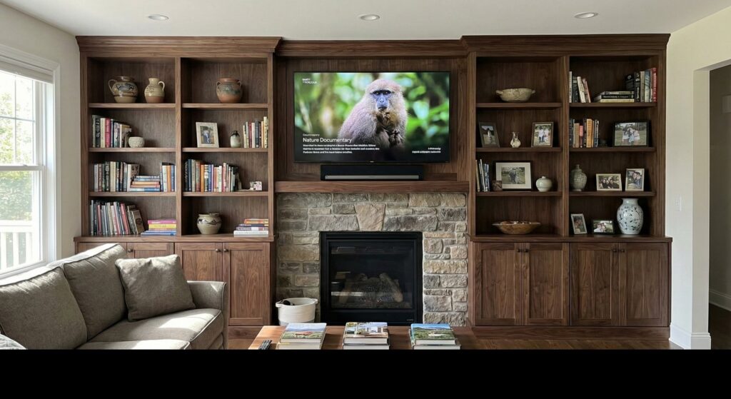 Custom built-in bookshelves and a stone fireplace in a living room by CM Home Contracting LLC in Charleston, SC.
