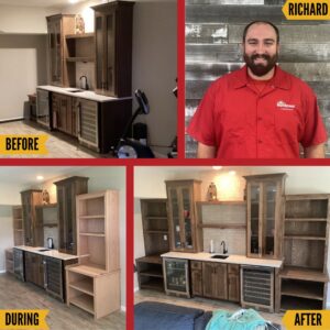 Before, during, and after photos of a custom cabinet and bar installation project by Mr. Handyman of Olathe, Gardner in Olathe, KS.