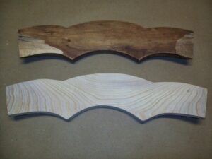 Old and new custom-shaped wooden pieces for chair back replacement by Custom Carpentry Service in Knoxville, TN.