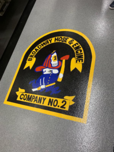 Custom Broadway Hose & Engine Company No. 2 epoxy floor graphic by Blendex Industrial Epoxy Floors in Lindenhurst, NY