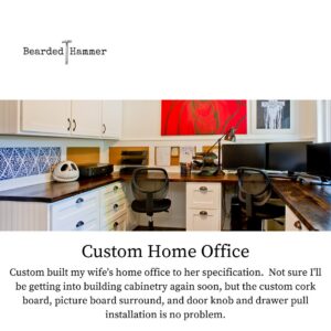 A custom-built home office with cabinetry, cork board, and drawer pull installation by Bearded Hammer LLC in Meridian, ID.