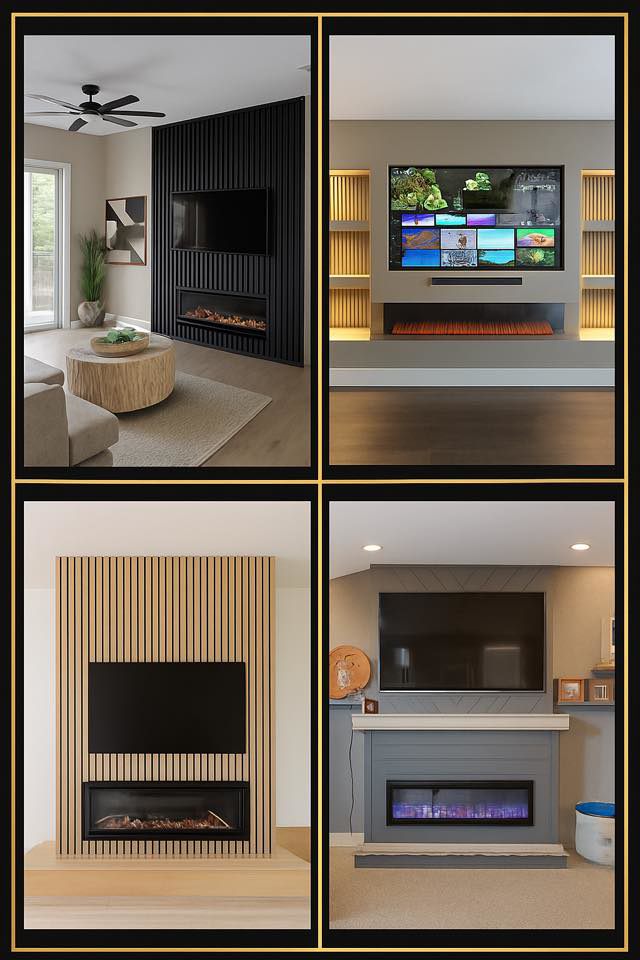 Four examples of custom media wall, TV, and electric fireplace installations by SMB Construction in Toledo, OH.