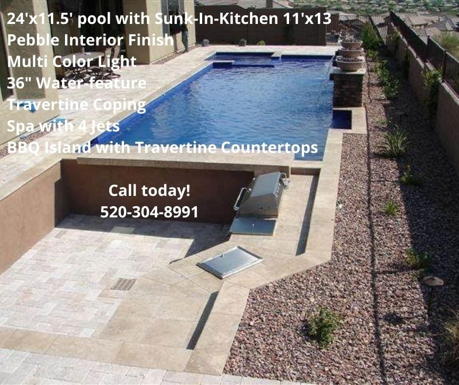 A custom pool, spa, and outdoor kitchen design completed by Stunning Pools and Spas-Complete Landscape & Design LLC in Tucson, AZ.
