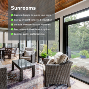 The interior of a custom-built sunroom with large windows and comfortable seating by Smucker & Sons Inc in Ephrata, PA.