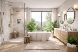 A custom walk-in closet installation with white shelving and drawers by VDO. Remodeling in Rancho Cordova, CA.