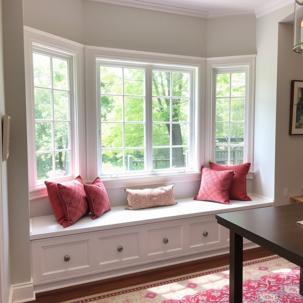 Custom built-in window seat with storage drawers and red pillows by Corkery Customs & Remodeling LLC in Philadelphia, PA