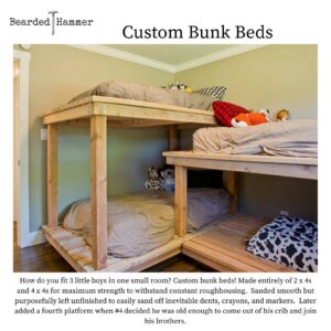 Custom-built wooden bunk beds for children, constructed by Bearded Hammer LLC in Meridian, ID.