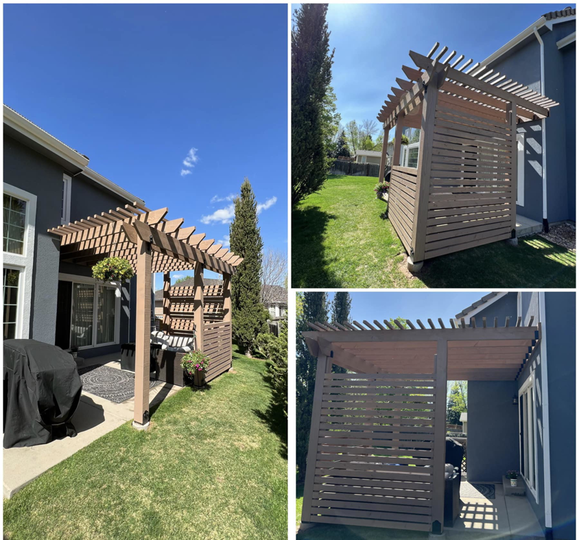 A custom-built wooden pergola and privacy screen structure in a backyard by Tanner Custom Carpentry in Loveland, CO.