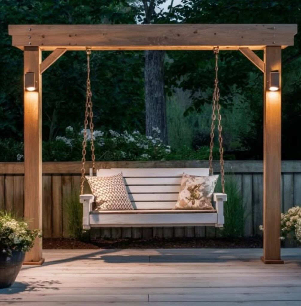 A custom-built wooden swing pergola with integrated outdoor lighting, perfect for a backyard oasis by Midwest Home Remodeling & Design LLC in Chicago, IL.