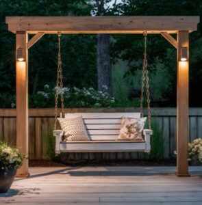 A custom-built wooden swing pergola with integrated outdoor lighting, perfect for a backyard oasis by Midwest Home Remodeling & Design LLC in Chicago, IL.