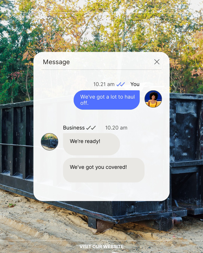 A customer chat about needing a lot of junk hauled off, with a roll-off dumpster in the background from A-1 Roll-Off Rentals, LLC in Baton Rouge, LA.