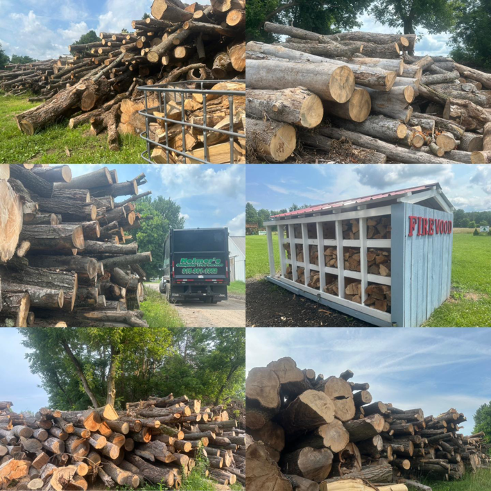 A collage showing piles of cut logs, a Helmer's Complete Tree Service, LLC truck, and a firewood shed in Utica, NY.