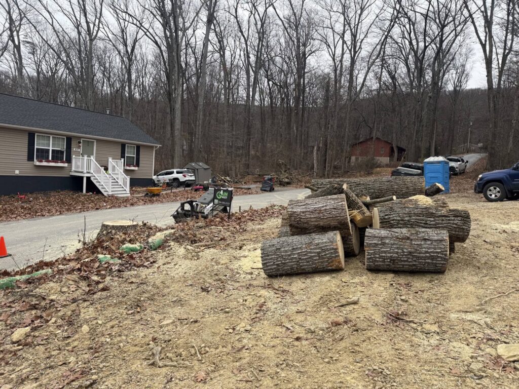 A pile of cut logs and a tree stump on the ground after a tree removal service by Clearview Tree and Landscaping Services in Martinsburg, WV.
