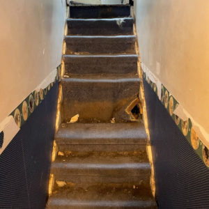 A damaged carpeted staircase with a hole in a step, showing the need for repair by Chris Pierce Construction in Sioux City, IA.