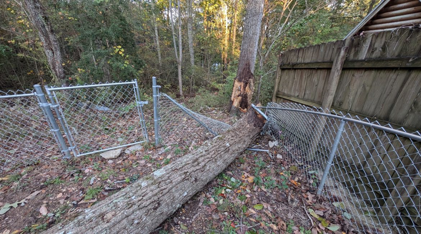 A damaged chain-link fence with a fallen tree, showing a repair job by Swift Fencing Co. in Birmingham, AL.