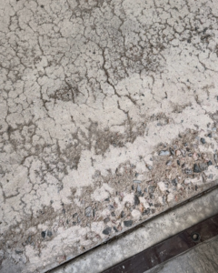 A close-up of a cracked and damaged concrete floor before coating by Apex Custom Coatings in Middleton, WI