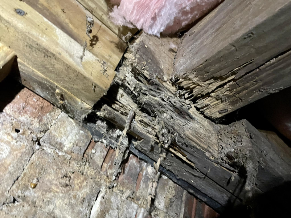 Severely damaged wooden beams and brick foundation in a crawlspace needing repair by Crawlspace Medic of Knoxville, TN