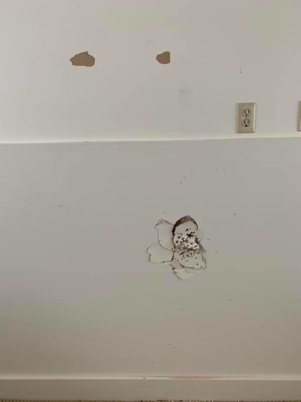 A damaged wall with holes and peeling paint, showing the need for drywall repair by Hey Matt in Sheridan, WY