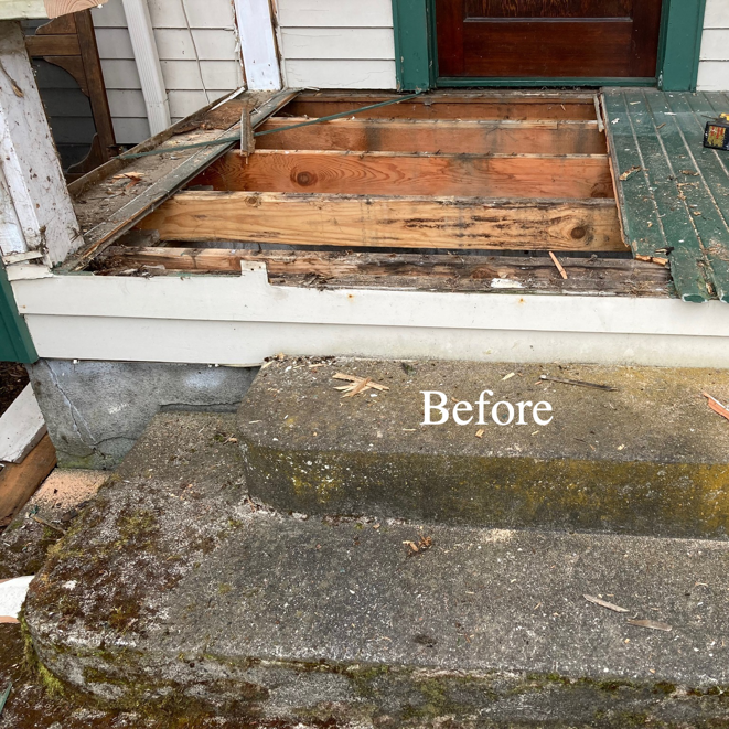 A damaged wooden porch before repair work by Davis Home Dynamics in Springfield, OR