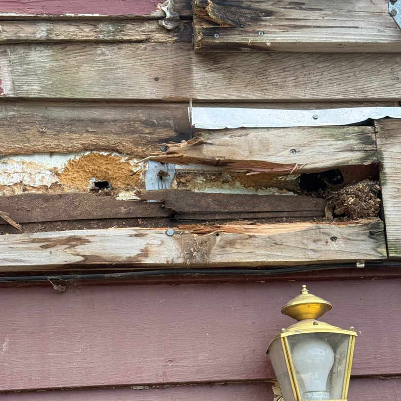 Severely damaged wooden siding on a house, showing rot and holes, requiring repair by Chris Pierce Construction in Sioux City, IA.