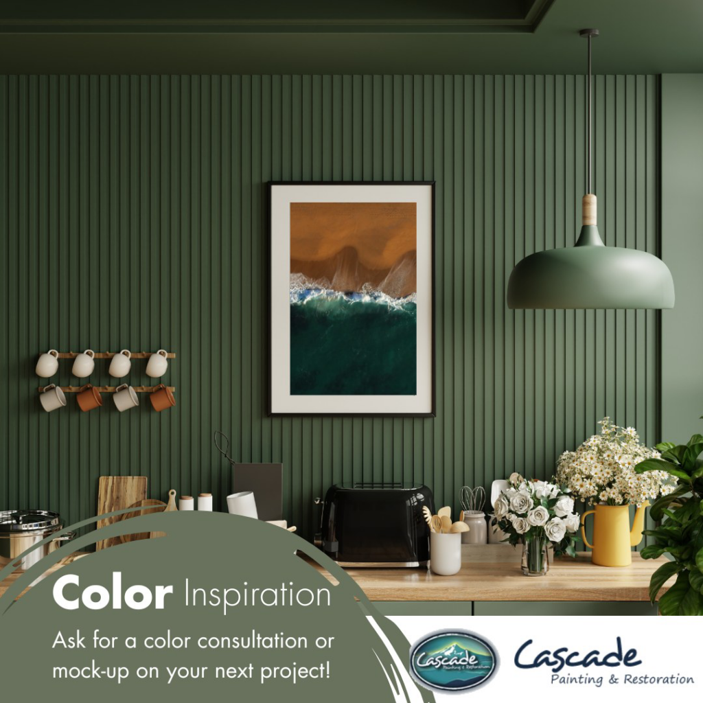 A kitchen area featuring dark green paneled wall painting by Cascade Painting and Restoration in Portland, OR
