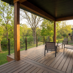 A newly constructed outdoor deck with modern glass railings by Sunspace of Central Ohio in Columbus, OH.