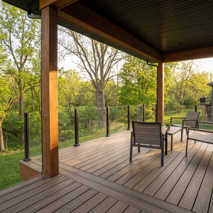 A newly constructed outdoor deck with modern glass railings by Sunspace of Central Ohio in Columbus, OH.