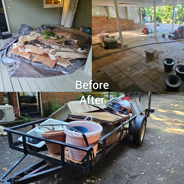 Before and after photos of deck debris removal, and a trailer loaded with various junk by JUNK BRO'S in Hickory, NC.