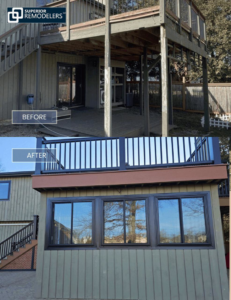 Before and after of a deck enclosure with new window installation by Superior Remodelers in Newtown, CT.