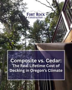 Deck railing in a wooded setting, showing deck repair and installation by Fort Rock Construction, Inc. in Cottage Grove, OR.
