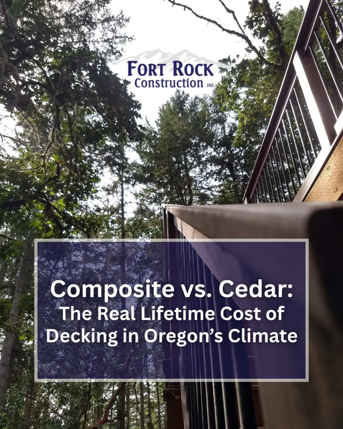 Deck railing in a wooded setting, showing deck repair and installation by Fort Rock Construction, Inc. in Cottage Grove, OR.