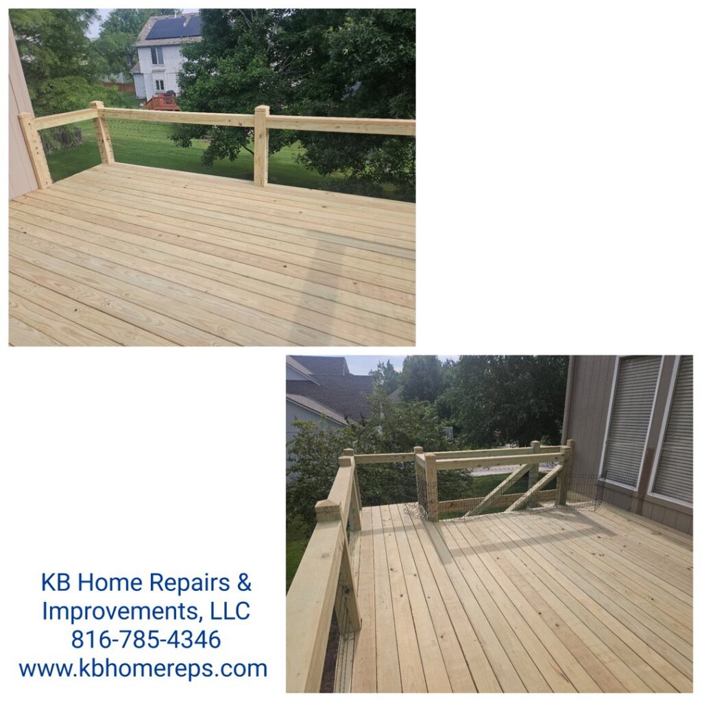 Before and after collage of a wooden deck, showcasing new railing installation and deck improvement by KB Home Repairs & Improvements, LLC in Shawnee, KS.