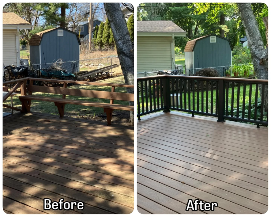 Before and after of a complete deck renovation project by Ace of Space alternative carpentry in Madison, WI