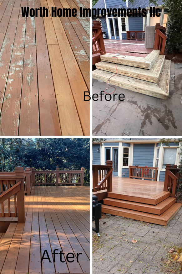 Before and after photos of a deck restoration and new steps installation by Worth Home Improvement LLC in Rockhill, NC.
