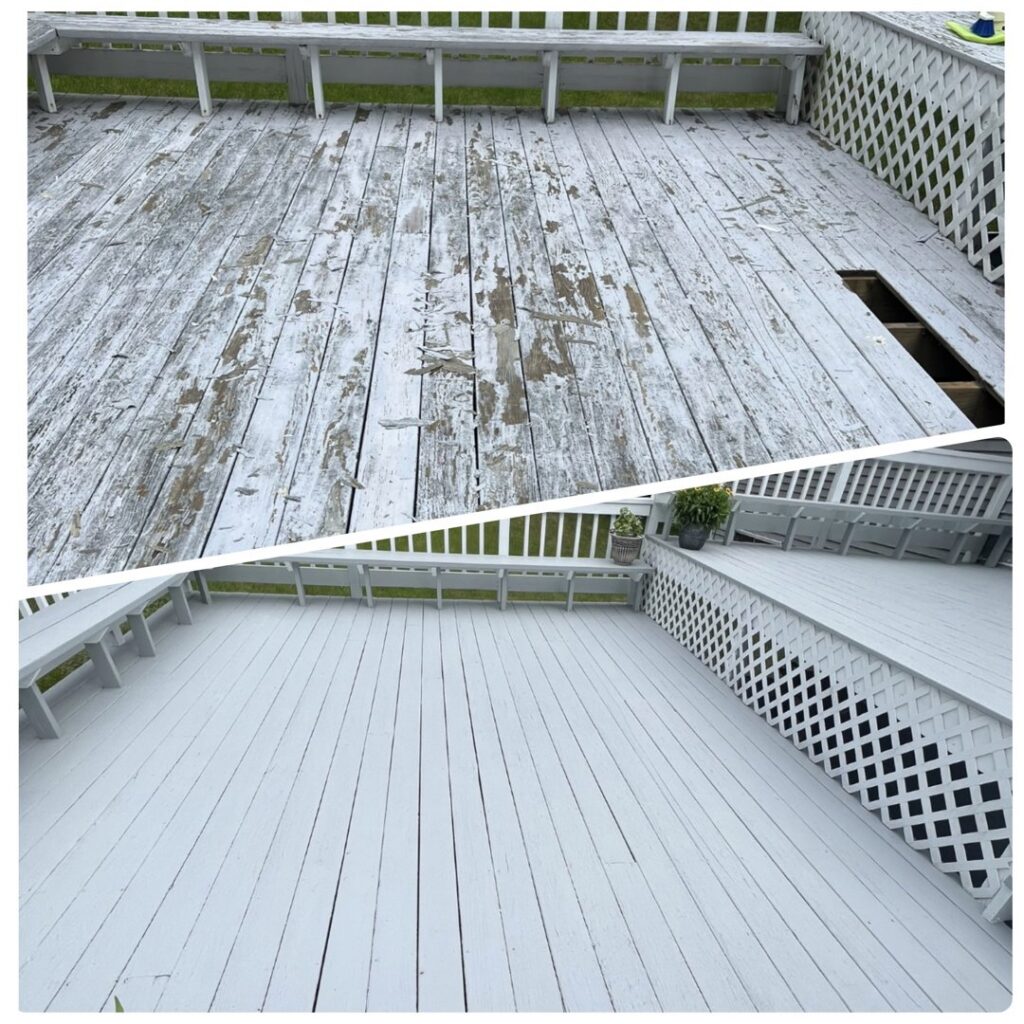 Before and after comparison of a deck restoration and repainting project by SID Painting in West Hartford, CT.