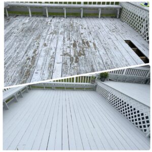 Before and after comparison of a deck restoration and repainting project by SID Painting in West Hartford, CT.