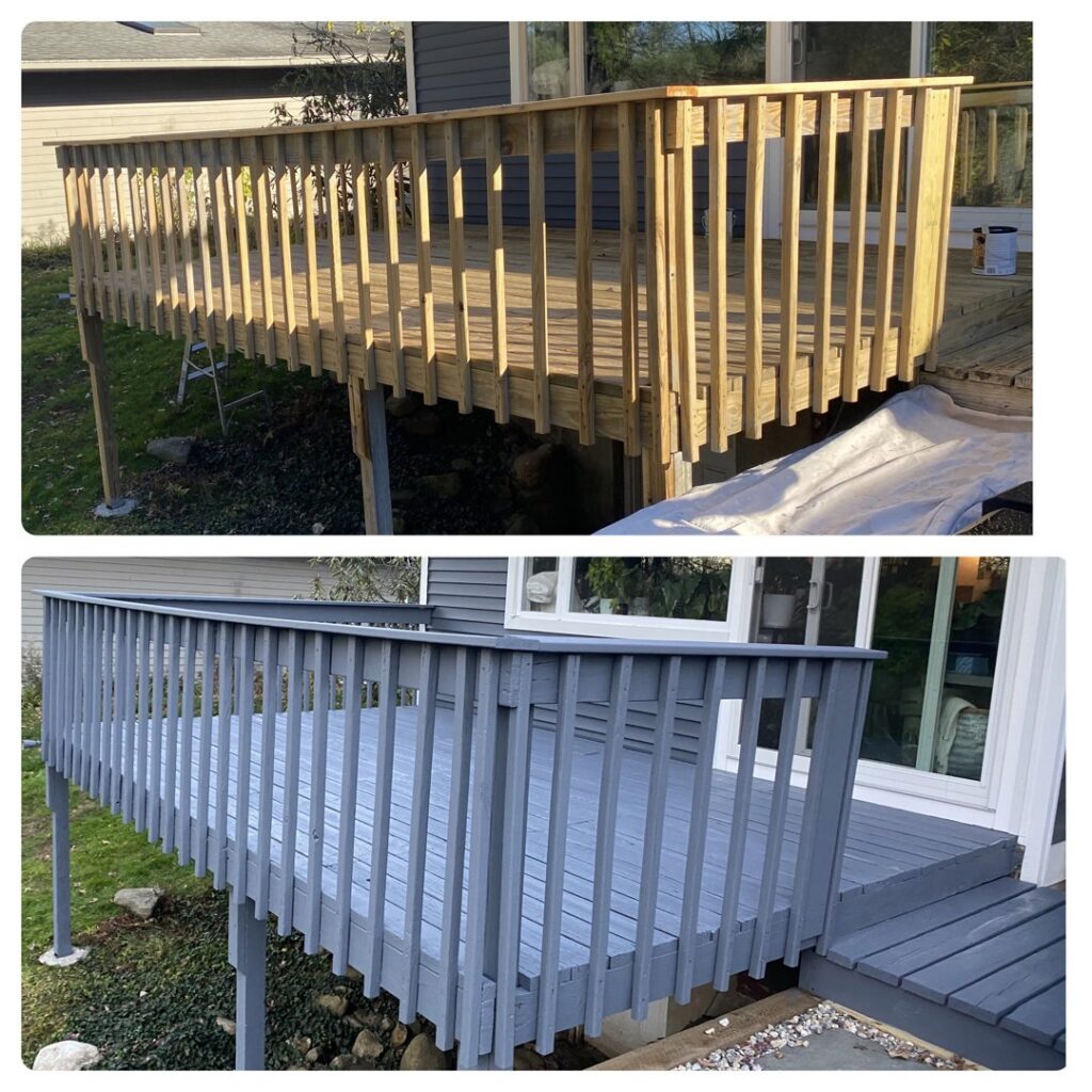 Before and after comparison of a wooden deck staining and painting project by SID Painting in West Hartford, CT.