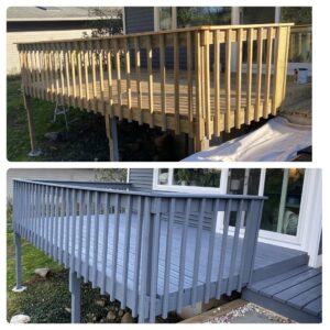 Before and after comparison of a wooden deck staining and painting project by SID Painting in West Hartford, CT.