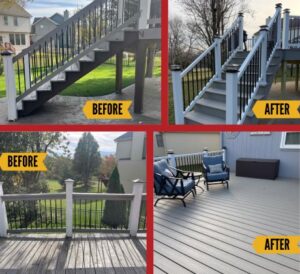 Before and after photos of a deck and stair railing renovation project by Mr. Handyman of Olathe, Gardner in Olathe, KS.
