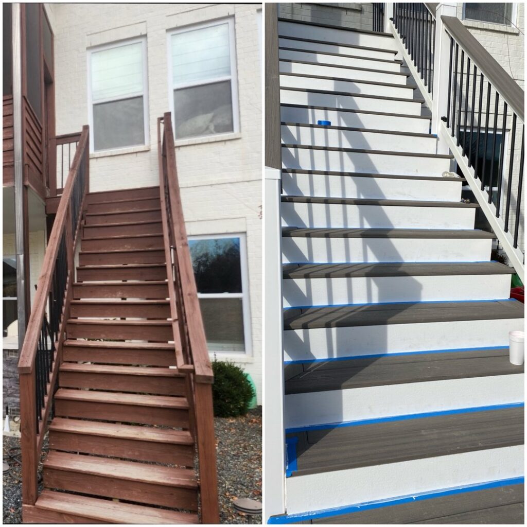 Before and after images of deck stairs renovation, showing new dark grey and white stairs by Richwood Remodeling & Outdoor in Nashville, TN.
